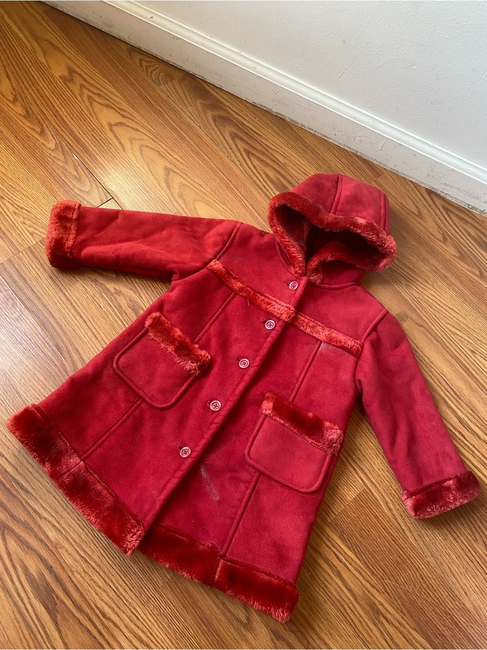 Y2K GAP Girls' Red Hooded Faux-Fur Trim Coat
